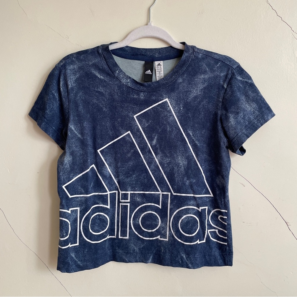 adidas navy tie dye acid wash print logo boxy crop tee medium